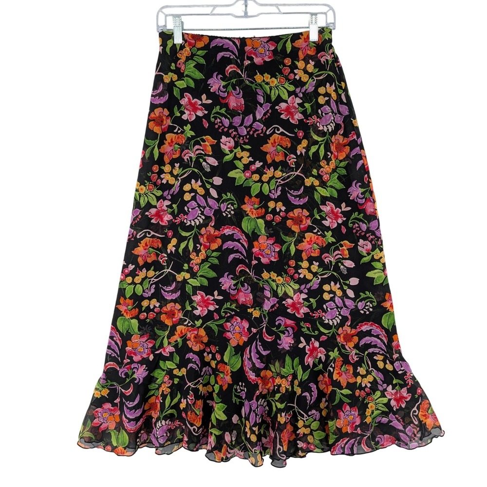 Floral Chiffon Maxi Skirt‎ Layered S Black Pink Ruffle Hem Boho Botanical Skirt